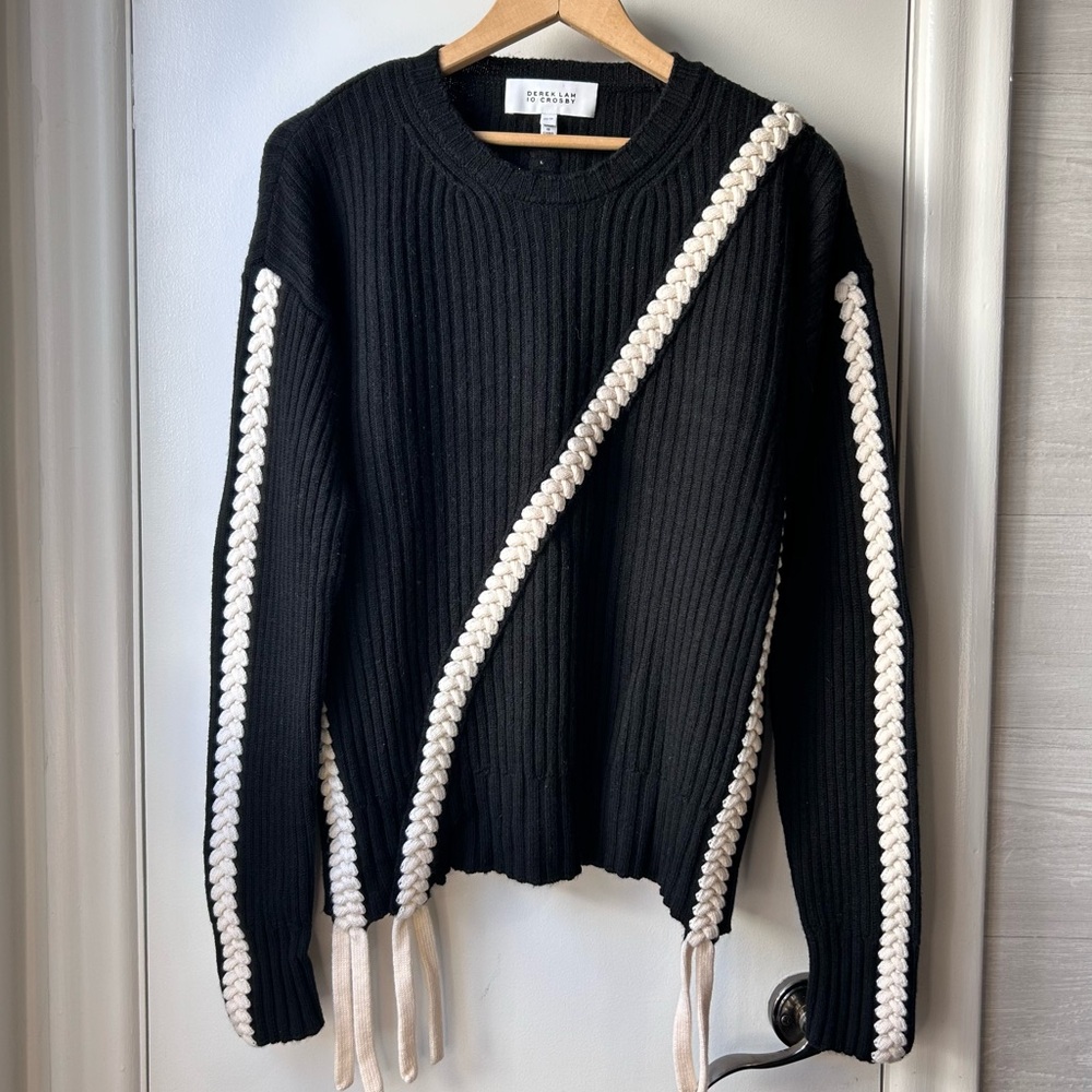 10 Crosby Derek Lam Black Sweater with Cream Braided Trim